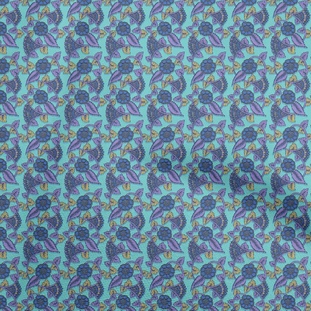 oneOone Cotton Cambric Turquoise Blue Fabric Kalamkari Craft Projects Decor Fabric Printed By The Yard 42 Inch Wide