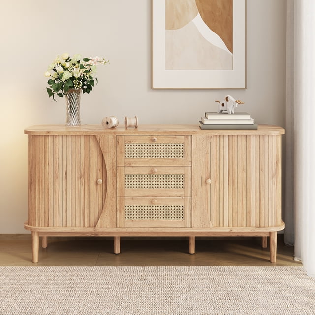 NEW Rattan Dresser with Sliding Doors, 55.3" Sideboard Cabinet with 3 Drawers, Adjustable Shelves & Rounded Top, Wood Tone