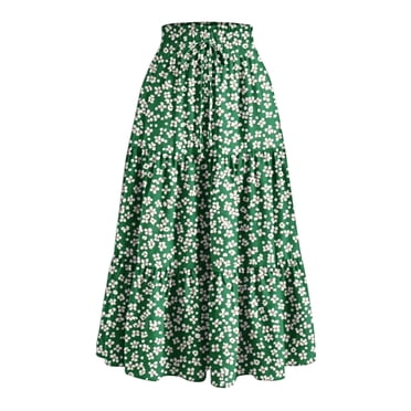 Amzcrzy Skirts for Women Casual Elastic Waist Drawstring Maxi Skirt Trendy Floral Print Long Skirts for Women Pleated Tiered Flowy Summer Skirts