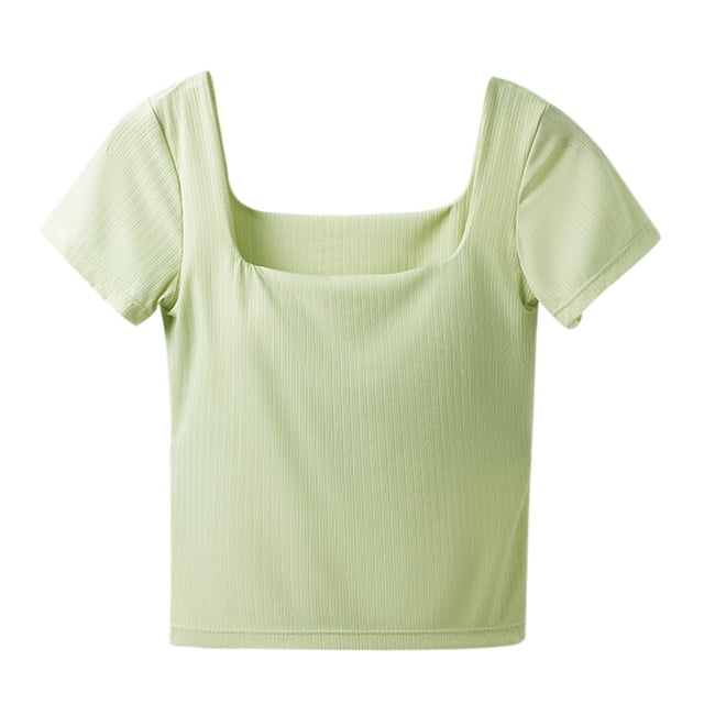 Plebaso Womens Square Neck T Shirts Built-In Bra Casual Going out Crop Tee Slim Plain Summer Basic Tops