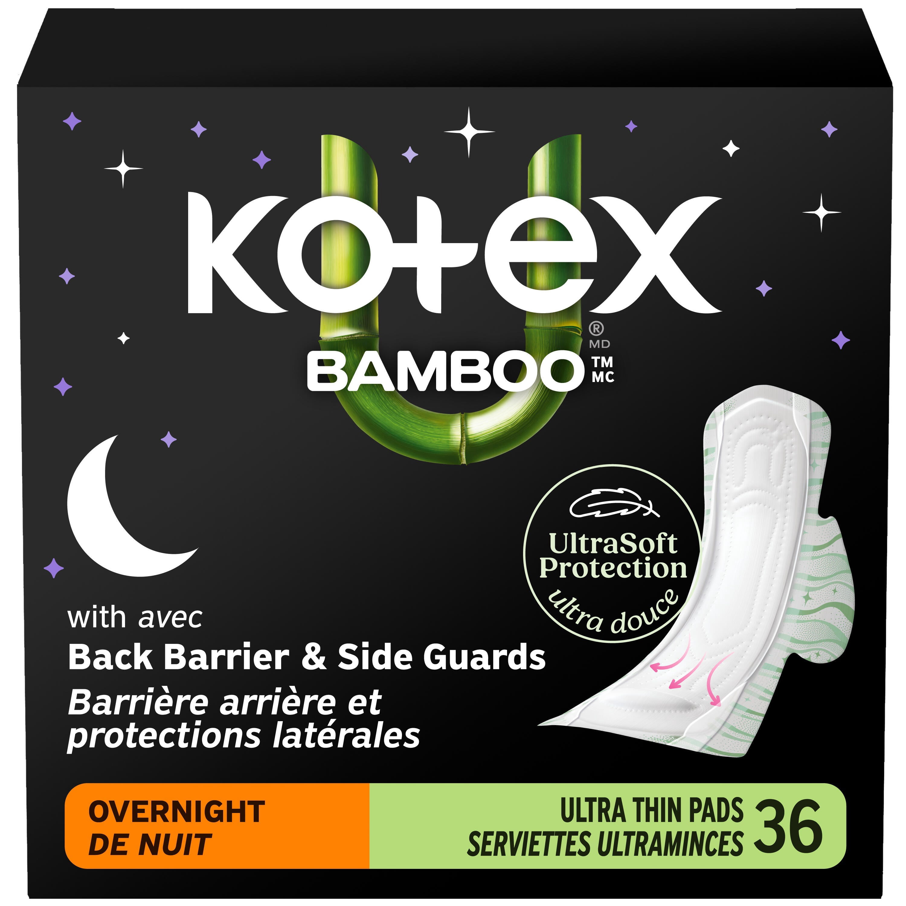 Serviettes ultraminces de nuit Kotex Bamboo avec ailes, 36 unités