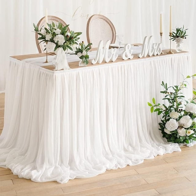Kadlawus Tulles Table Skirt, Wedding Birthday Banquet Decorative Table Skirt, Ruffled Transparent Tablecloth for Party Dessert Table Decor