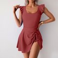 thumbnail image 2 of Bigersell Maillots de Bain à Manches à Volants pour Femmes Style Patineuse une-Pièce avec Jupe Dos Smocké Maillots de Bain Robe de Bain Tenue de Bain Rouge TTG, 2 of 9