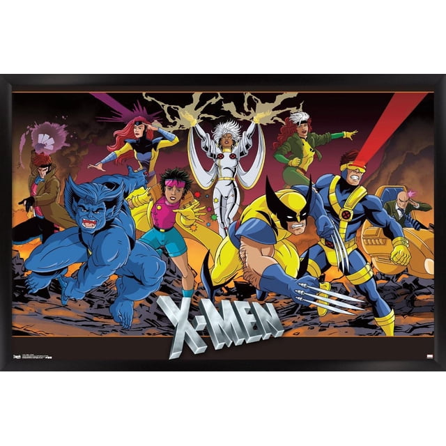 Marvel Comics - The X-Men - Affiche Murale de Groupe, 22,375 Pouces x 34 Pouces Montrant l'Équipe X-Men en poses d'Action Dynamiques Incluant Bête Accroupie en Fourrure Bleue, Wolverine aux Griffes Allongées en Jaune et Bleu, Cyclops Tirant une Optique Rouge en Éclat, Tempête avec Effets Éclair en Blanc, Voleur Pointant vers l'Avant en Vert et Jaune, Jubilé en Veste Rose et shorts Bleus, Gambit Tenant des Cartes Chargées dans un trench