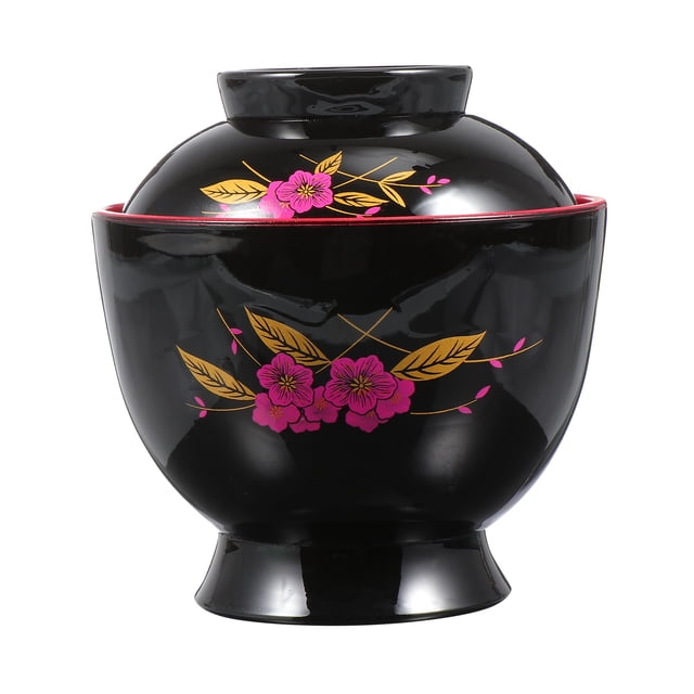1 Pc Japanese Thread Miso Soup Bowl Rice Bowl Cooking Bowl Dessert Bowl made of durable plastic with a glossy black finish. The bowl features a traditional Japanese design with pink and gold floral patterns, adding elegance to its appearance. It measures approximately 8.30x8.30x7.90cm or 9.60x9.40x9.40cm, making it suitable for serving soups, rice, noodles, salads, and desserts. Ideal for everyday use or casual gatherings.