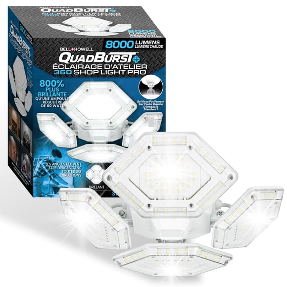 Bell + Howell Quadburst 360 Shop Light PRO – Multi-Directional LED Panels, 8000 Lumens, 3 Modes, 360° Lighting Coverage for Garage and Workshop