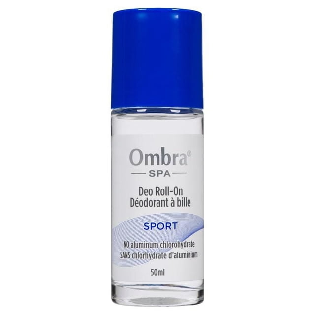Ombra Spa Sport Déodorant à Bille Sans Chlorohydrate d'Aluminium dans une Bouteille Transparente de 50 ml avec Capuchon Bleu, Étiqueté en Anglais et en Français, Offrant une Fraîcheur Douce et une protection contre les Odeurs Sans Chlorohydrate d'Aluminium Ni Parabènes, Application Transparente Sans Résidu, Convient aux Déodorants et Antisudorifiques pour Femmes.
