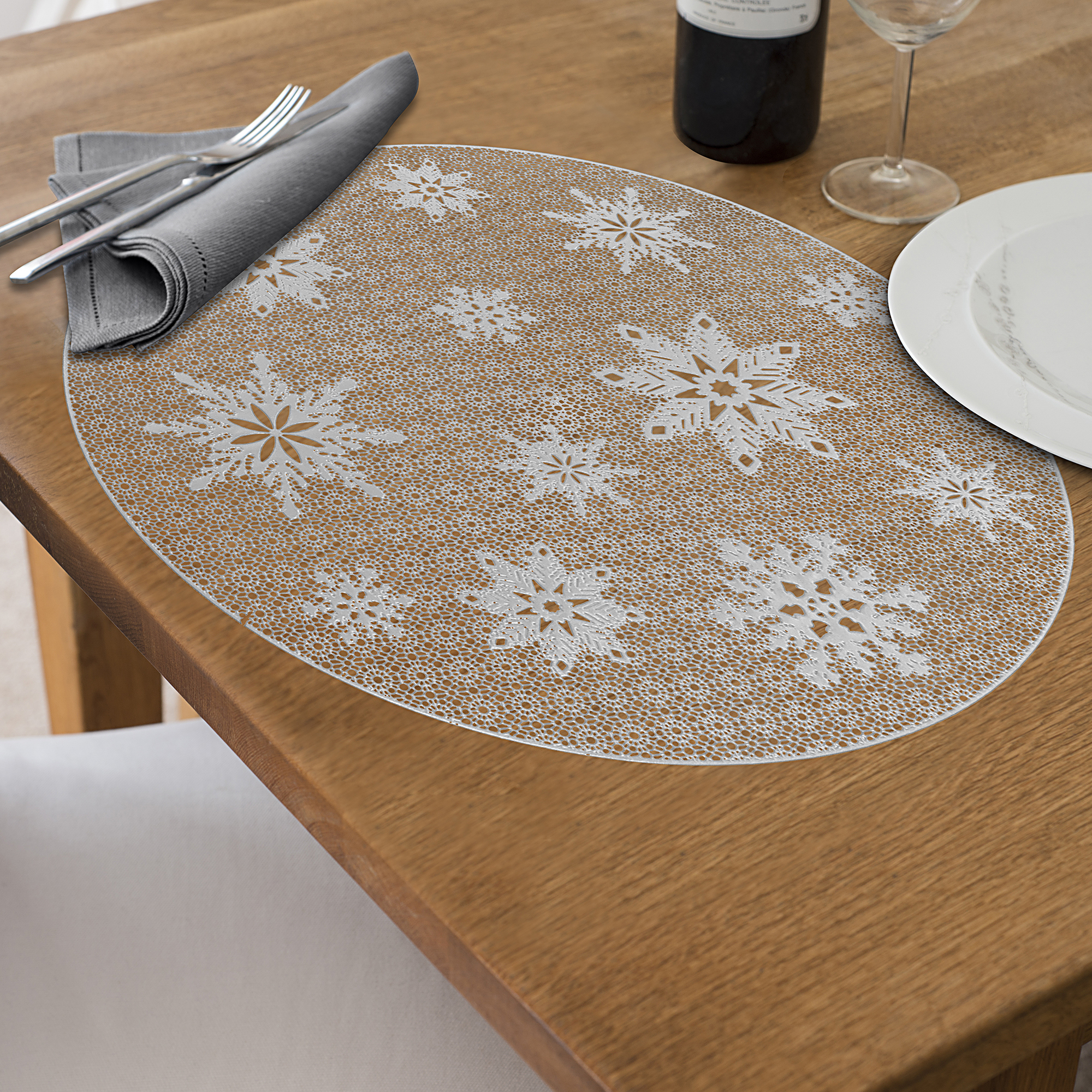Set De Table Rond En Pvc Découpé Motif Flocon De Neige (Argent) - Lot De 12