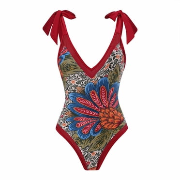 RKSTN Womens Swimsuit Vintage Print Lace-up One-piece Swimsuit Bikini V Neck Comfortable Bathing Suits