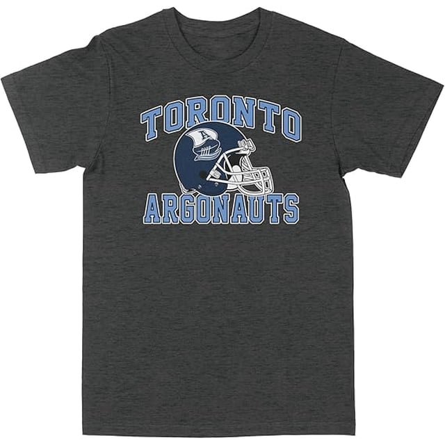 CFL Toronto Argonauts Argo Casque Gris Foncé Grand T-Shirt Mettant en Vedette un Tissu Gris Foncé Chiné avec un Graphique Audacieux du logo des Toronto Argonauts et un Casque Bleu et Blanc sur la Poitrine. Fabriqué en Coton de Haute Qualité pour le Confort et la Durabilité, Ce T-Shirt Non Genré Est Idéal pour les fans des Toronto Argonauts. Offert en Diverses Tailles.