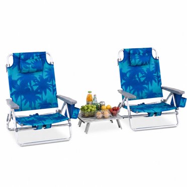 Gymax Outdoor 3-Piece Camping Set w/ 2 Lightweight Folding Beach Chairs & Portable Aluminum Side Table