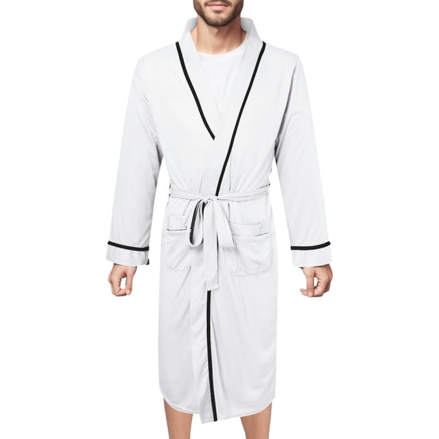 Kcodviy men's spring and summer flannel cotton bathrobe in a light grey color with black trim. This men's sleepwear features a shawl collar, long sleeves, a tie belt at the waist, and two front pockets. Designed for big and tall men, it is suitable for daily and home wear during spring and autumn seasons.
