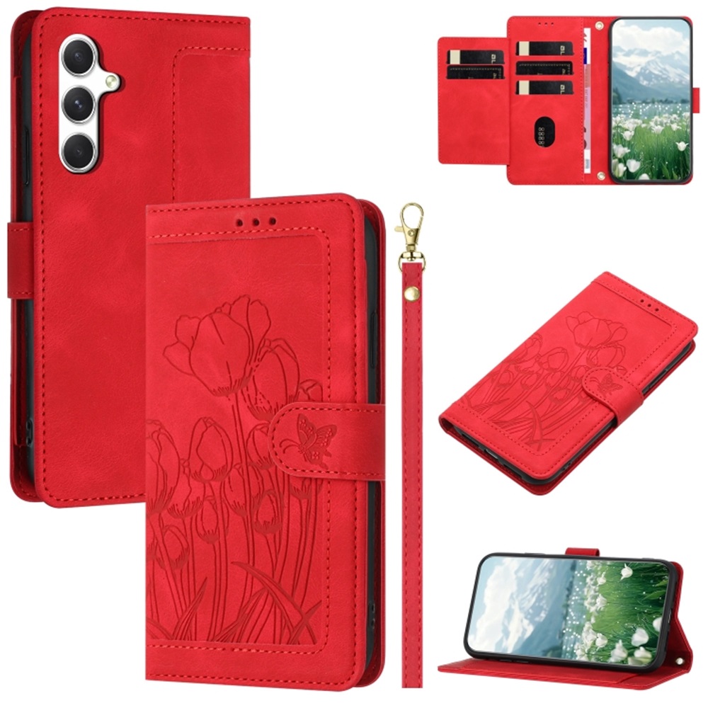 Leather For Samsung Galaxy S25 5G Case Tulip Embossed 5-card  Flip Wallet Leather Case with Card Holder Magnetic Closure  Phone Cases Cover,Red,For Galaxy S25 (5G)
