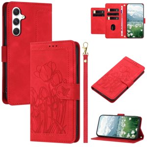 Cuir pour Samsung Galaxy S25 5G Tulipe emboîté 5-card Flip Wallet étui en cuir avec support de carte fermeture magnétique boîtiers de téléphone couverture, rouge, pour Galaxy S25 (5G)
