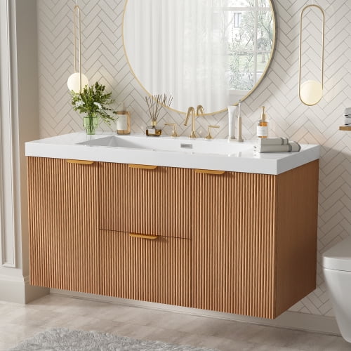 Wall-Mounted Modern 42 Inch Single Sink Bathroom Vanity with SMC Top MDF Cabinet, Soft Close Doors, U-shaped Drawers