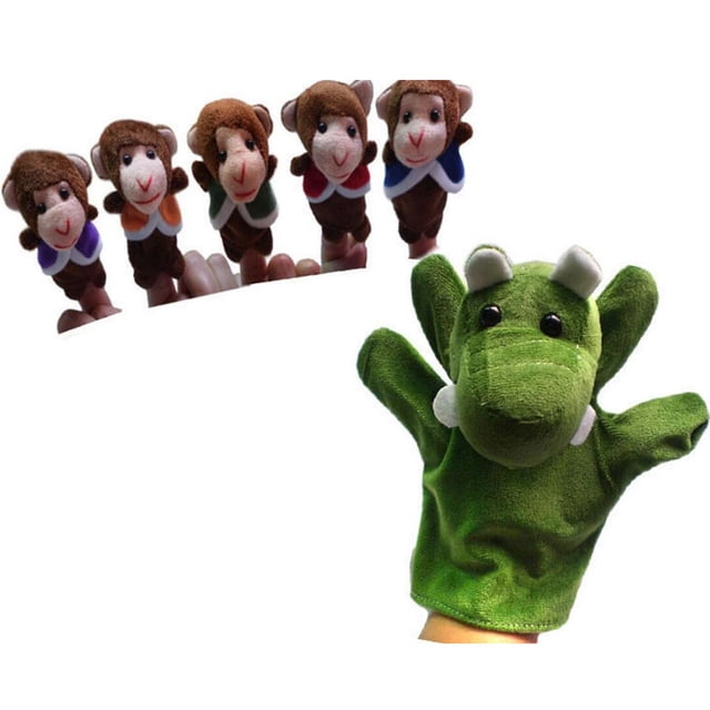 Exquisite Plush Finger Puppet Five Little Monkeys Swing In A Tree Finger Puppets Set, including five monkey finger puppets and one large green crocodile-shaped hand puppet. The finger puppets measure approximately 7cm/2.75 inches tall, and the hand puppet is 22cm/8.66 inches high. Crafted from plush material, this interactive toy is perfect for pretend play, storytelling, educational activities, and performances.