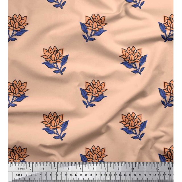 Soimoi Silk Fabric Leaves & Lotus Block Printed Craft Fabric by The Yard 42 Inch Wide