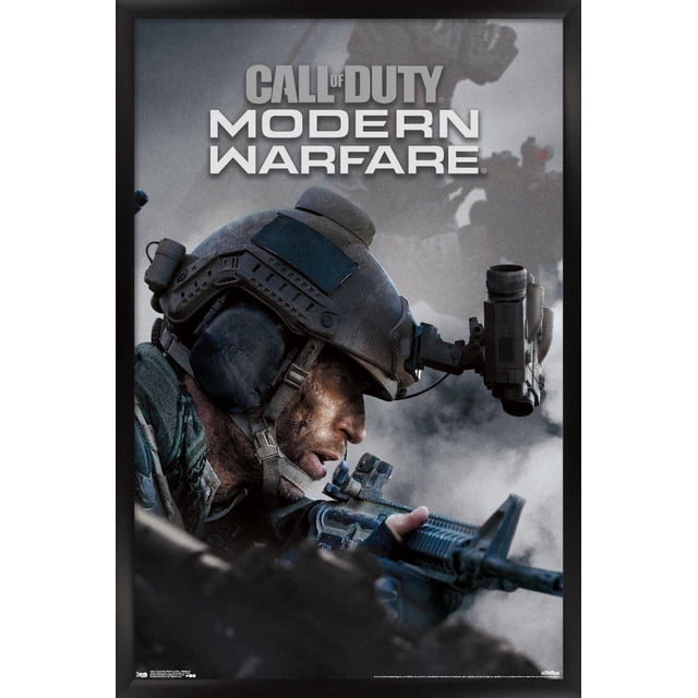 Call of Duty : Modern Warfare - Affiche Murale Multijoueur, 22,375 Pouces x 34 Pouces, Représentant un Soldat avec Casque Tactique, Équipement de vision Nocturne Visant un Fusil avec Lunette Montée sur un Fond de Champ de Bataille Enfumé, Idéal pour la Déco Murale de Salle de Jeux Ou de Bureau.