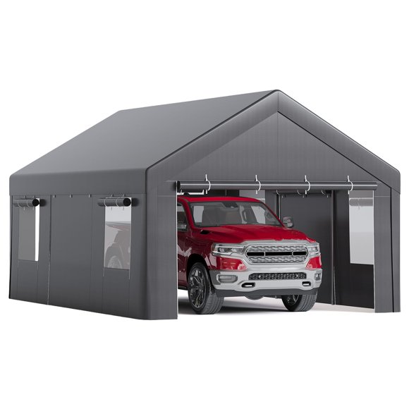 Abri d'Auto Extérieur Robuste, Tente Abri 12x20 Pi Résistante aux Intempéries, Auvent de Garage Portable pour Équipement de Camping et Voitures, Blanc/gris