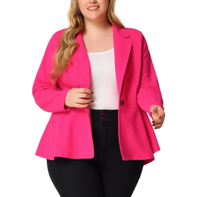 Agnes Orinda Women's Plus Size Blazer Button Notch Panel Ruffle Peplum Blazers 5X Hot Pink
