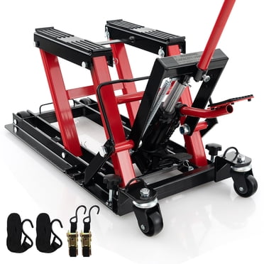 Gymax 1500 LBS Motorcycle Lift Jack Hydraulic Motorcycle Hoist w/ 4 Wheels Footplates Black & Red