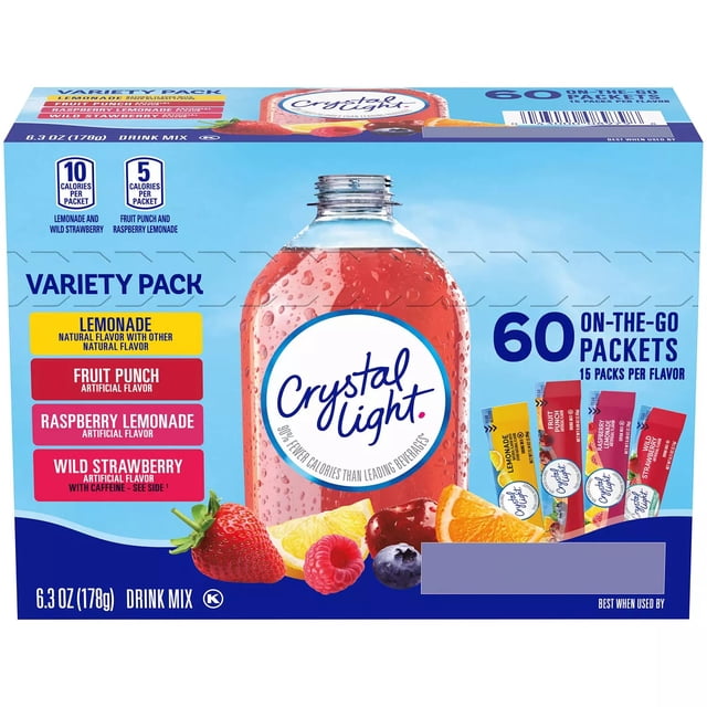 Crystal Light Sugar-Free Drink Mix Variety Pack, 60 Count – Lemonade, Fruit Punch, Raspberry Lemonade & Wild Strawberry W/ Caffeine On-the-Go Packets