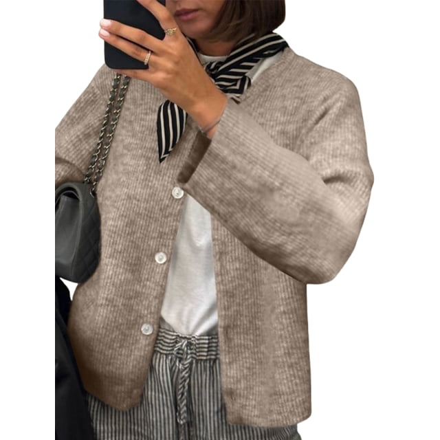 Gupgi Women Knitted Crop Cardigan Solid Color Sweater Long Sleeve Button Down Open Front Casual Knitwear Tops