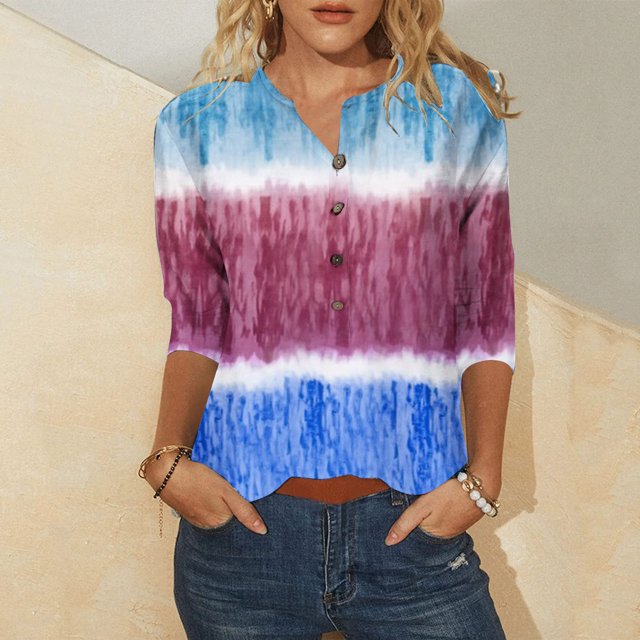 Hauts d'Été pour Femmes 2023 Mode Féminine Manches Trois-Quarts Col Rond Rétro Imprimé de Pâques Blouse Ample Bohemian T-Shirt Grande Taille pour Femmes