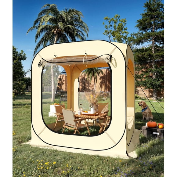 6x6 Ft Outdoor All Weather Pop Up Tent, 2-3 Person Instant Tent Shelter, Rainproof Camping Sun Shelter Coldproof & Windproof for Patio, Backyard, Deck, Sports Events, Beige