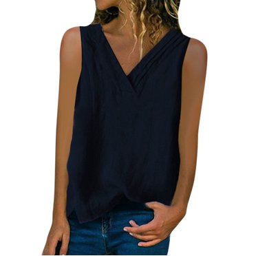 RKSTN Womens Casual Tops Loose Lmitation Linen Tops Shirt Ladies V Neck Sleeveless Blouse Tee Vest