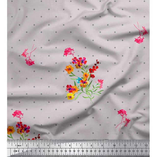 Soimoi Crepe Silk Fabric Dot,Leaves & Periwinkle Floral Printed Fabric 1 Yard 42 Inch Wide