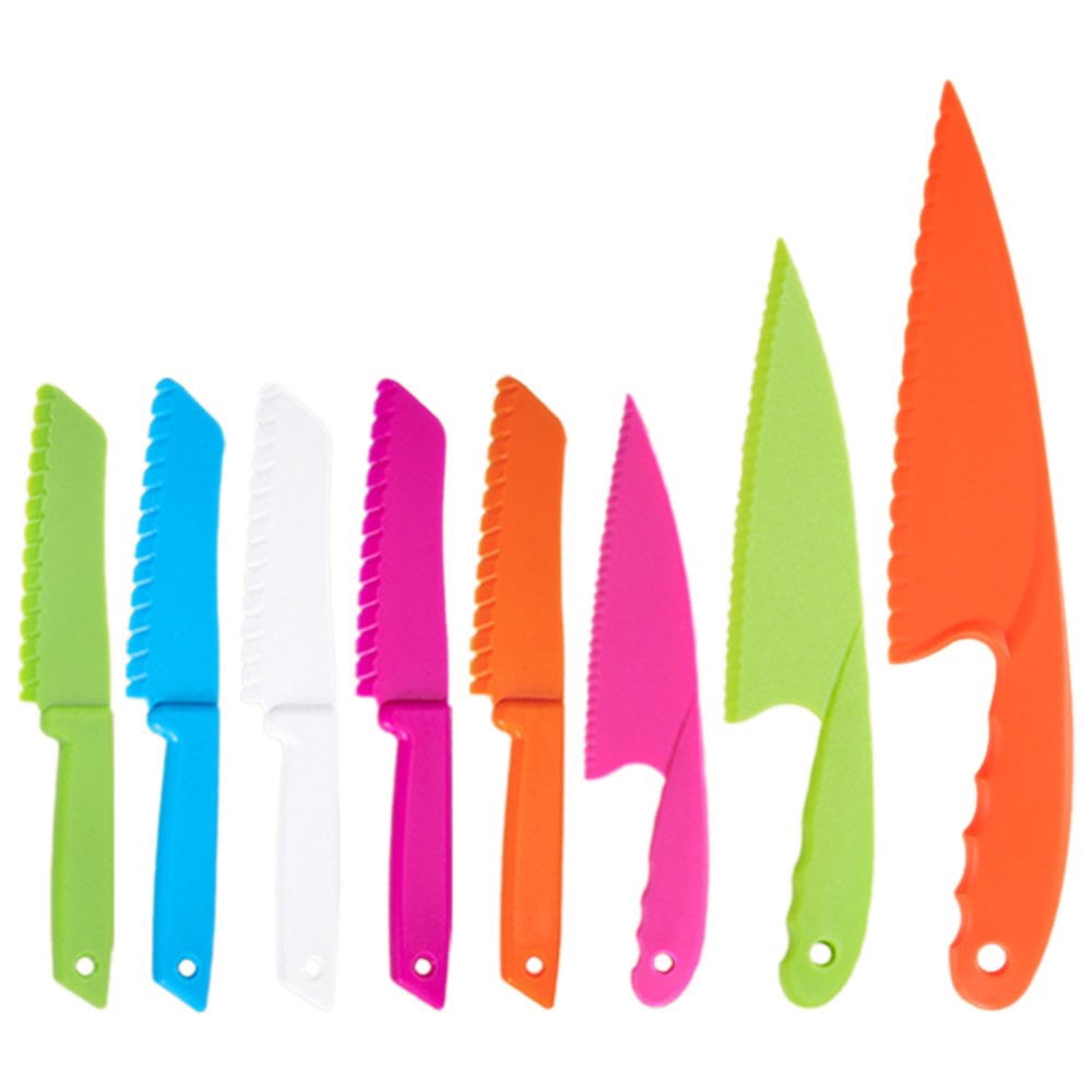 AMERTEER 8Pcs Kid Safe Cooking Knife Set Plastic Children Knives Kit Safe Multifunctional Toddler Safe Knife Kit with Ergonomic Handle for Home