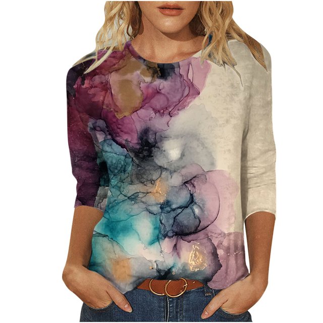FAIWAD Femmes Bloc de Couleur 3/4 Chemises Col Rond Blouses Décontractées Élégantes Grande Taille Tunique de Sortie