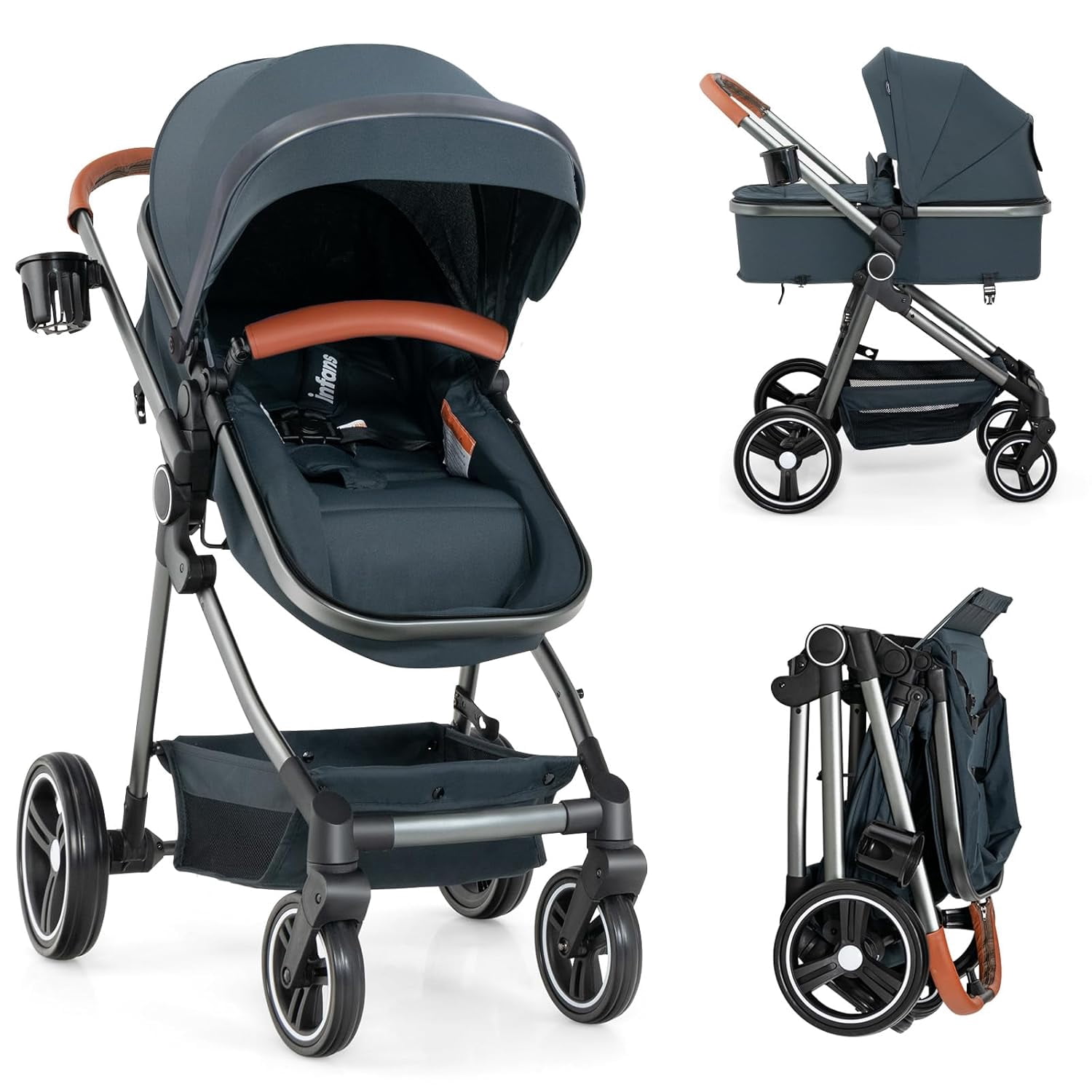 INFANS 2 in 1 High Landscape Convertible Baby Stroller, Newborn Reversible Bassinet Pram, Foldable Pushchair with Adjustable Canopy, Aluminum Structure, 5-Point Harness for Infant & Toddler