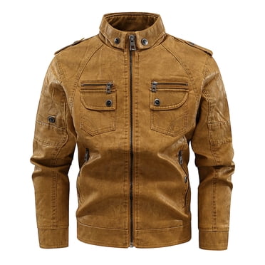 EGNMCR Men's Leather Jacket Winter Slim Solid Color Puffer Motorcycle Outwear & Jackets with Pockets Casual Lapel Zipper Outdoor Hiking Windproof Coats Jacket