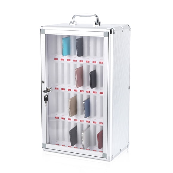 24 Slots Cell Phone Locker with Handle,Aluminum Alloy Pocket Chart Storage Locker Box Cabinet,Wall-Mounted Cell Phones Storage Box for Office,Classroom,Gym,Sliver