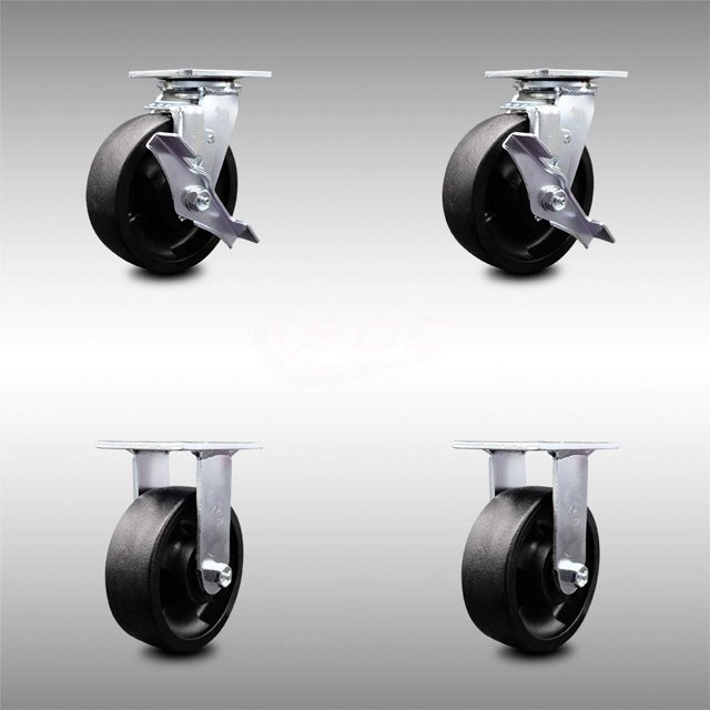 Ensemble de 4 Roulettes Pivotantes à Plateau Supérieur en Nylon Rempli de Verre en Acier Inoxydable Caster avec Roues Noires de 6 Pouces x 2 Pouces - Comprend 2 Roues Pivotantes avec Freins et 2 Rigides - Capacité Totale de 4800 Lb - Marque Service Caster