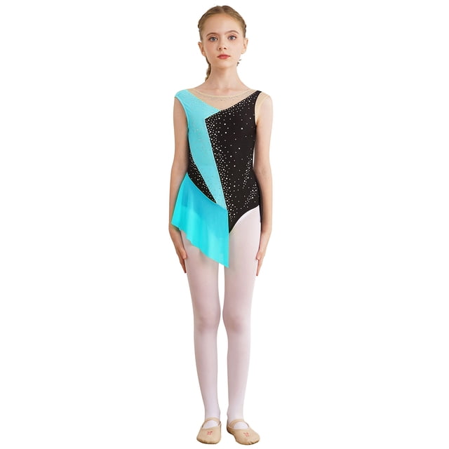 Yartina Children Girls Figure Skating Dance Bodysuit Color Block Ballet Leotard Dress Rhinestone Dancing Outfits Blue Green 12