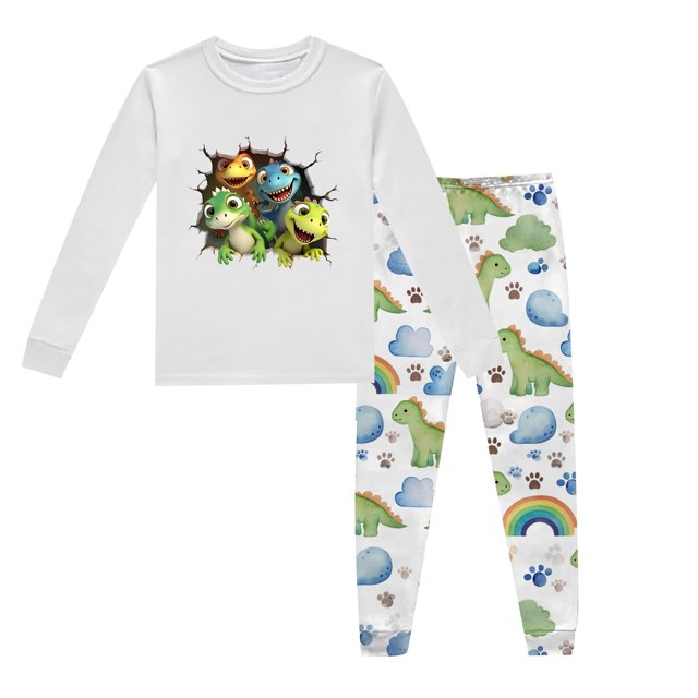 Pyjama pour Garçons, Enfants, Dinosaure Imprimé, Col Rond, Haut à Manches Longues, Pantalon, Ensemble de Pyjama 2 Pcs, Printemps Automne, Pyjama pour Enfants, Gris Pâle, 8 Ans-9 Ans