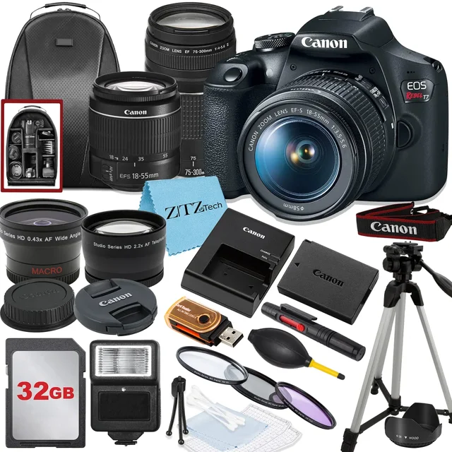 Canon EOS Rebel T7 Digital SLR Camera Bundle with 18-55mm, 75-300mm Lens, 32GB Memory Card, Tripod, Flash, Deluxe Backpack and ZeeTech Accessory Bundle
