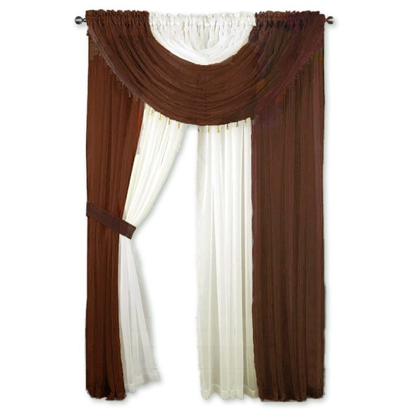 Sapphire Home Window Sheer Curtains - Two Tone 4 Panels Set with Valance and Tiebacks 55"" x 84"" Privacy Voile Window Curtains for Living Room Bedroom Kitchen Dining Room -Chocolate/Beige