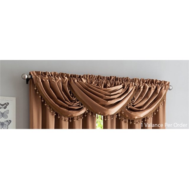 Bridget Crushed Satin Waterfall Valance With Decorative Fringe, Rust, 48x37 Inches