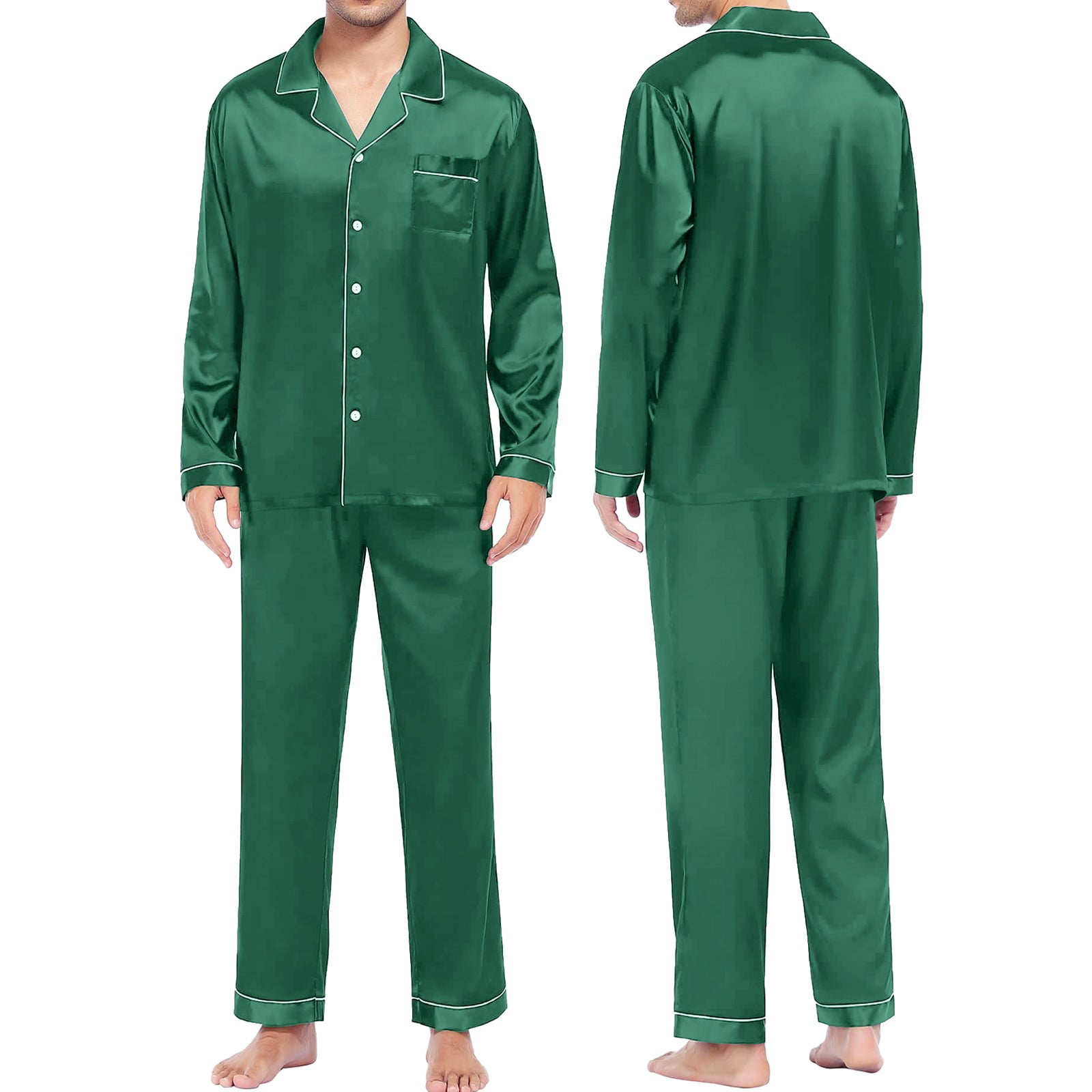Bramtres Pajama Sets for Women 2 Piece Silk Pajamas Men's Pyjamas Long Sleeve Blouse Button Silk Satin Two Piece Sleepwear Suit Pant Pyjama Satin Pajama Set Womens Pajama Sets Green XL