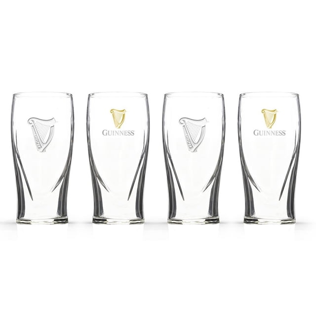 Guinness Logo Harp Embossed Pint Glass Set (4-Pack) (20 ounces) Set of four 20 ounces pub-style pint glasses with the embossed Guinness harp and logo, tapered silhouette and textured raised branding on clear glass highlighting the beer head; also suitable as barware for serving stouts or displaying on a home bar.