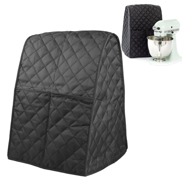 Mixer Cover, Universal Dust-Proof Home Kitchen Stand Mixer Cover Quilted Pocket Organizer Bag Compatible with Kitchenaid Mixer. Black quilted polyester cover with dual front pockets, designed to fit tilt-head and classic stand mixers. Waterproof and dustproof material ensures durability and easy cleaning. Ideal for protecting kitchen appliances from dust and stains. Dimensions: 16.5 x 12 x 12 inches.