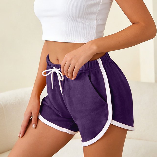 Womens Athletic Shorts Running Color Block Shorts with Pockets and Drawstring (Purple L)