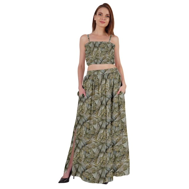 Bimba 2 Pcs Robe de Plage Aguichant pour Femmes Imprimée Smockée Crop Top & Longue Jupe Ensemble