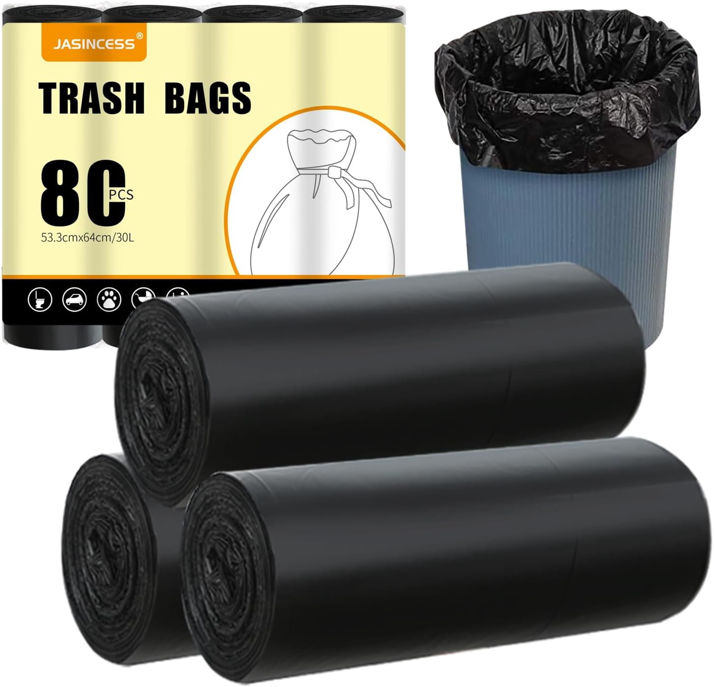 JASINCESS 8 Gallon Strong Trash Bags 30 liter Garbage Bags Small Plastic Bags for home office kitchen (Black-80)