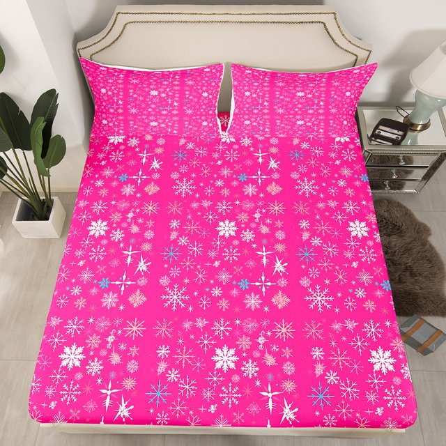 YST Draps de Lit Roses pour Filles Drap-Housse Flocon de Neige Blanc Format Double, Literie Saison Hivernale Nature Abstraite Drap Floral, Housse de Lit Colorée Neige pour Chambre d'Enfants Décorative (Poche Profonde)