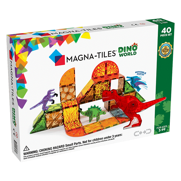 Magna-Tiles Dino World 40-Piece Set featuring magnetic tiles and four dinosaur figurines, including a blue Pteranodon, red T-Rex, green Stegosaurus, and purple Velociraptor. The set includes volcanic-themed tiles, 24 small squares, 6 right triangles, 1 large rectangle, 1 small rectangle, and 4 quarter circles. Designed for creative play with a prehistoric jungle theme.